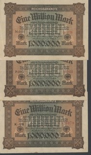 GERMANY 1923 1 Million Mark x 3 notes. P.86a. VF (FREE SHIPPING over £15)