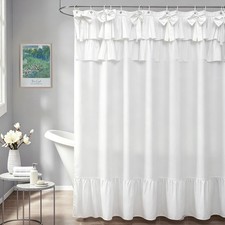 White Short Cottagecore Shower Curtain 60'' with Bows - Ruffled Farmhouse Bat...