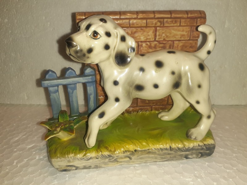 AdOrAbLe Vintage DALMATIAN Figurine LEFTON Japan BRICK WALL Fence Flower CUTIE !
