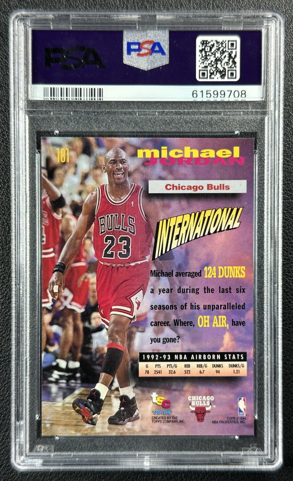 MICHAEL JORDAN PSA 10 1993-94 TOPPS STADIUM CLUB #181 FREQUENT FLYERS BULLS 9708 view 2