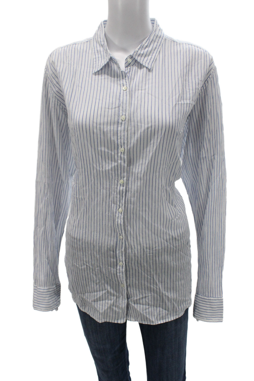 Xirena Women Striped Cotton Collared Button-Up Long Sleeve White Size LFree Shipping in US $100+ Orders | $6.95 Orders Below