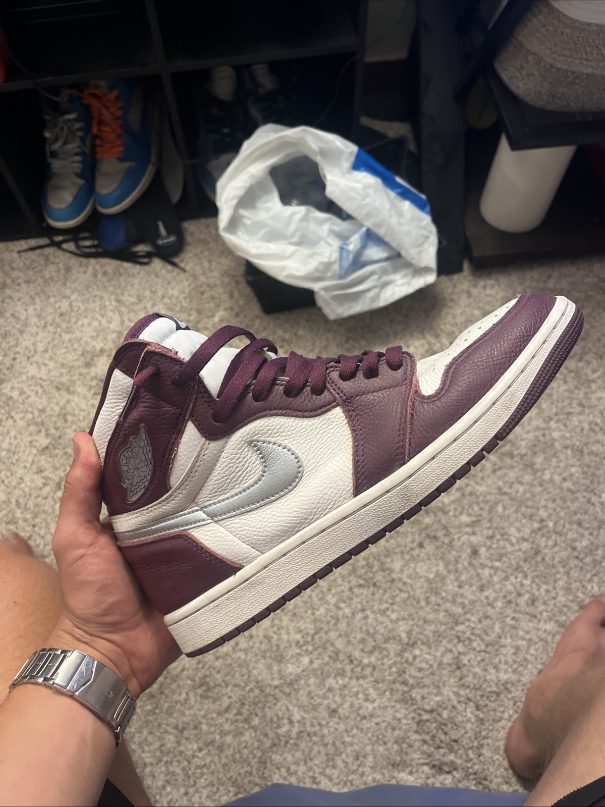 SAOLA Air Jordan 1 Retro High OG Bordeaux Marrone Rosso Argento Taglia 10