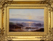 Mid-19thC Coastal Sunset Oil Painting, Signed W. Barry 1865 | Antique Gilt Frame