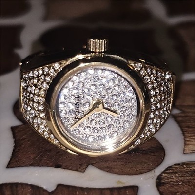 Fossil Women's Gold Tone Crystal Watch Ring Cocktail Statement Round