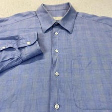 Ermenegildo Zegna Shirt Mens 17 43 Blue Check Cotton Pocket Dress Long Sleeve