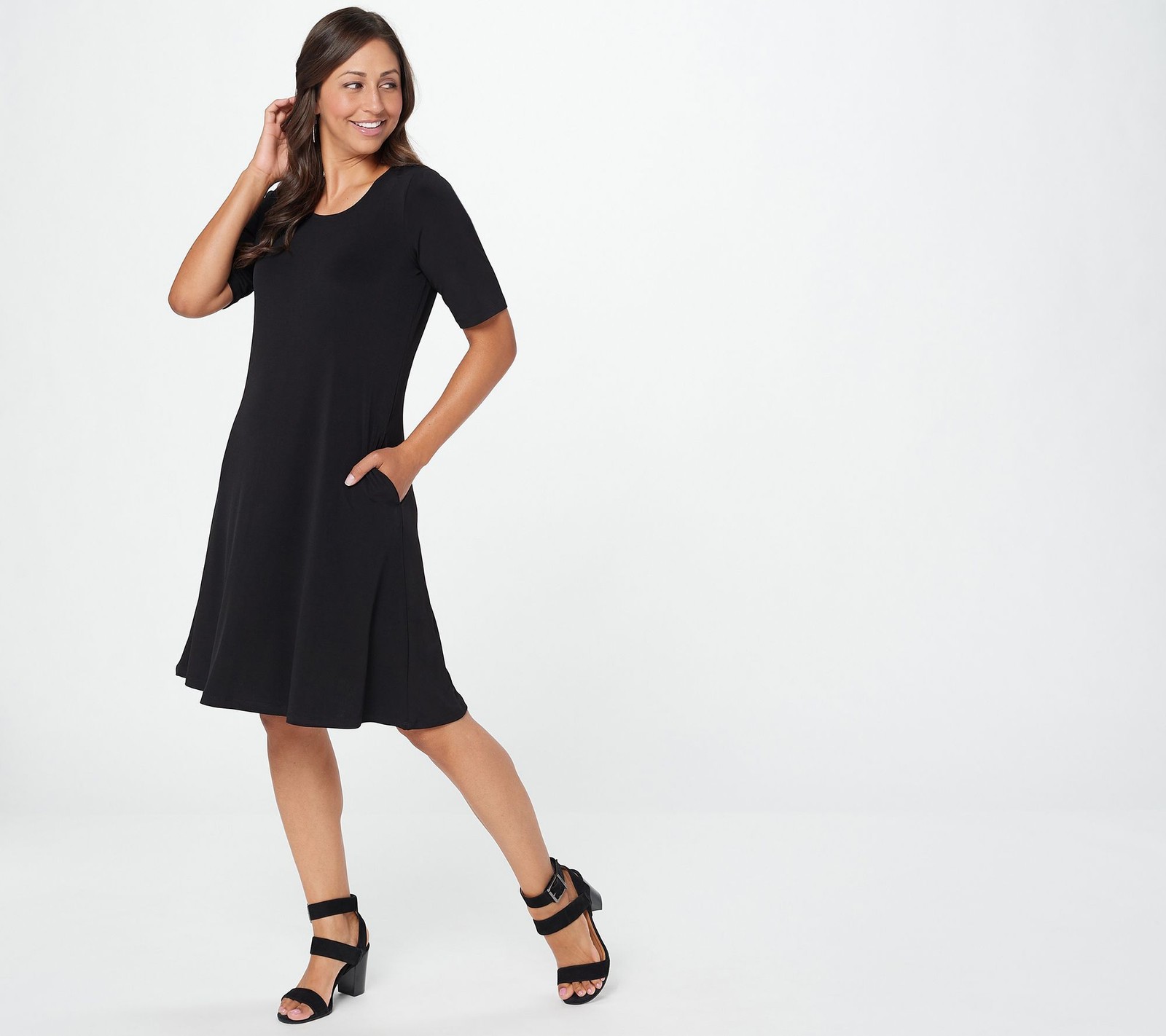 Susan Graver Women's Plus Sz Dress 3X Print or Solid Liquid Knit Black A397813