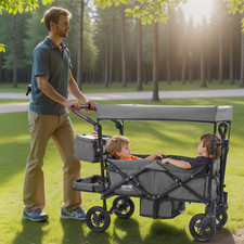 Wagon Stroller for 2 Kids, Mutifunction Tandem Stroller for Camping Dark Grey