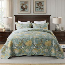 3-Piece Quilt Set Quilted Bedspread Cotton Coverlet Set Floral Printed Oversized