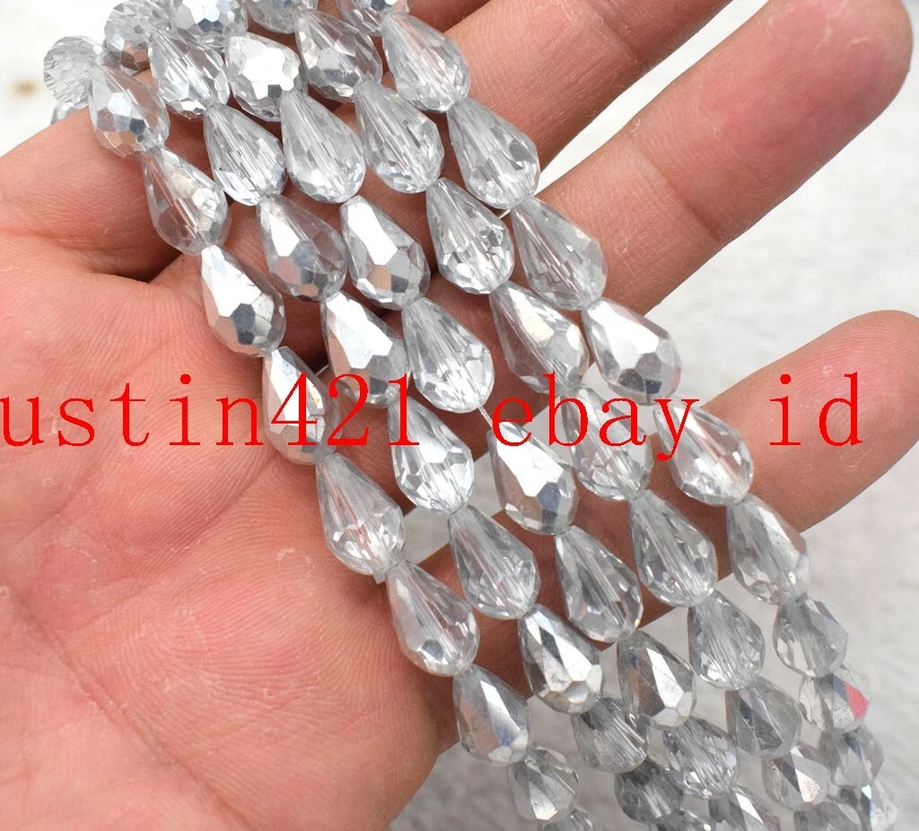 Beautiful 30 Pcs 8x12mm Silver Faceted Crystal Teardrop Gemstone Loose Beads