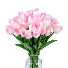 15pcs Fake Tulips Artificial Flowers Real Touch Pink 14" Silk Flower for Home...