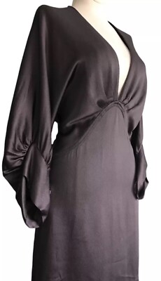 Roberto Cavalli Satin Cocktail Dress Lowcut Half Sleeve Drape Gray Purple Zip 40