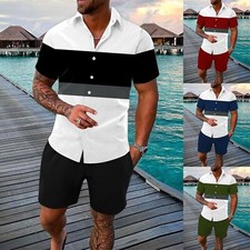 Men Summer Outfit 2-Piece Set Short Sleeve Shirt and Shorts Sweatsuit Set