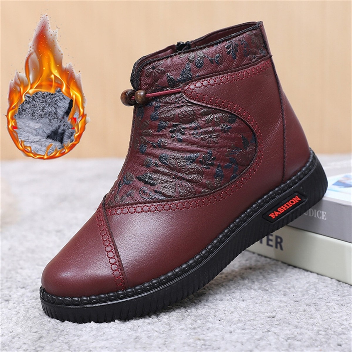 Women's Winter Ankle Snow Boots Warm Fur Lined with Floral Design Casual  Shoes | eBay