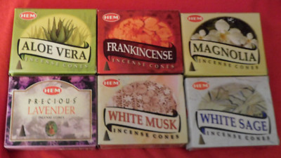 HEM Incense Cones: Lot of 6 boxes of 9-10 each; 6 different scents