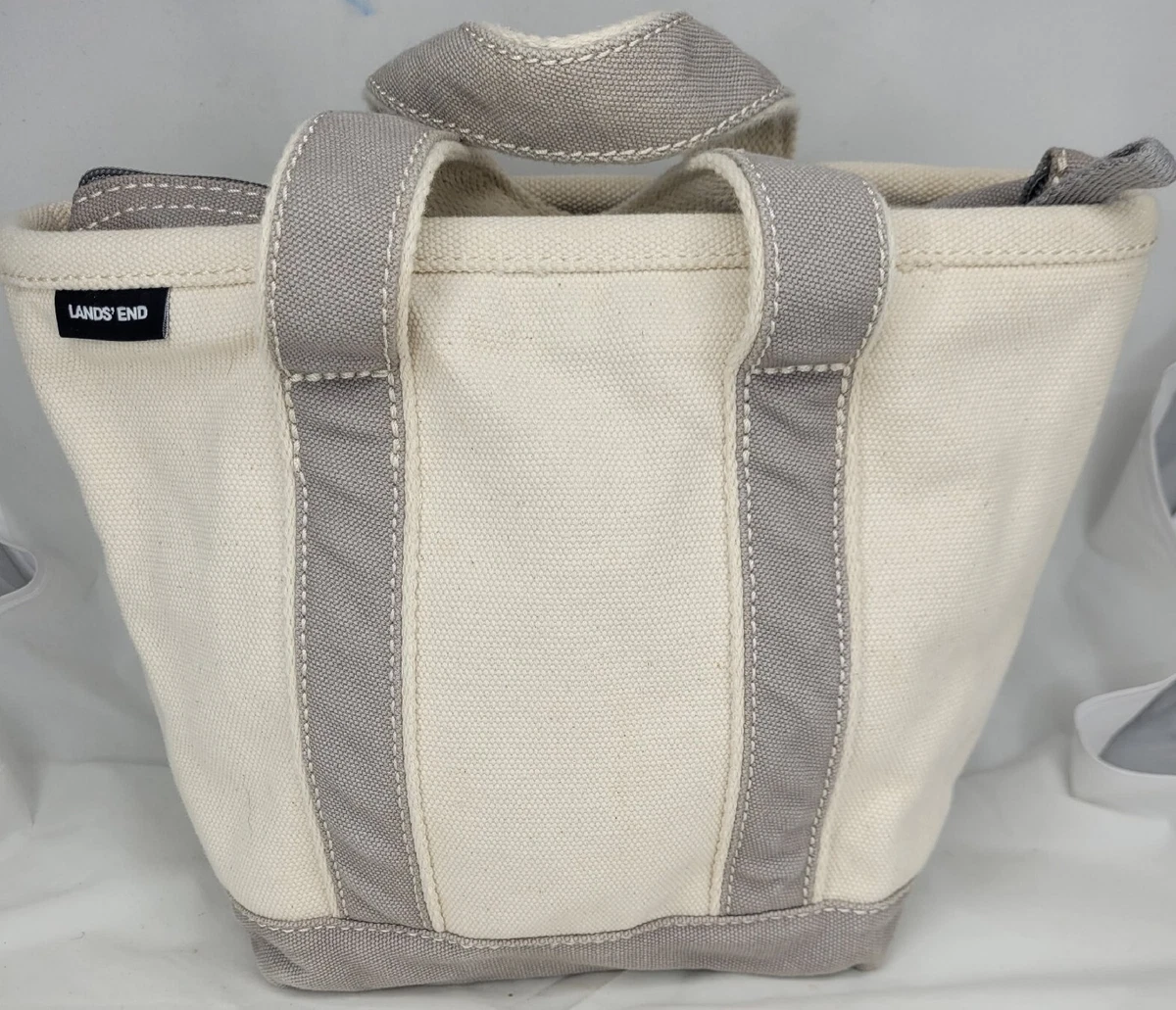 Lands End Small Mini Canvas Boat Tote or Purse Top Zip Key Strap Gray  Stripe