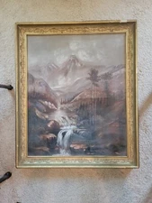 Antique Landscape holy cross mountain rustic framed Oil canvas naive 30x26" unsi