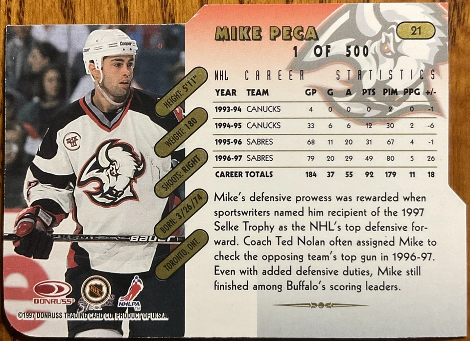 Donruss Press Proofs Gold Mike Peca #21 Buffalo Sabres #’d/500 1997-98 Foto 2 de 2