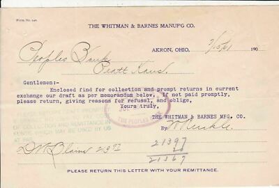 U.S. The Whitman & Barnes Manuf'g Co. Akron Ohio 1901 bezahlte Rechnung Ref 42516