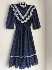 VTG 1970s ILGWU Navy Floral Lace Prairie Dress Ruffled Bib ElasticWaist Cottage
