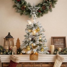 Artificial Snowy Flocked Mini Christmas Tree with LEDs Light Tabletop Xmas Decor