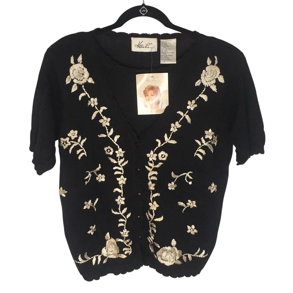 复古 Kathie Lee 系列毛衣女式中号黑色花卉刺绣 90 年代 — 第 3/4 张图片