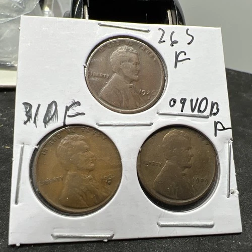 3 Coin Wholesale Lot Lincoln Wheat Cents 1926 S F 1931 D Fine+ 1909 VDB Fine