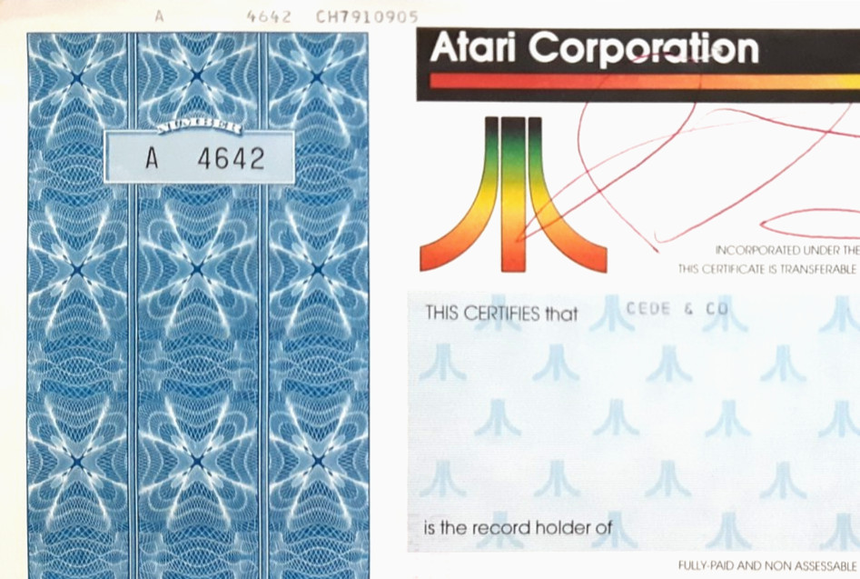 🔥 ATARI CORPORATION Video Games 1987 Stock Certificate ~ TRAMIEL ~ 500 Shares