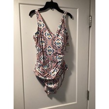 Jantzen Women Red Multi Ceramic Tile V-Neck One Piece Swimsuit JZ23702M Size 14