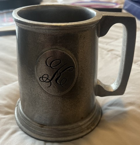 Vintage Pewter Tankard Mug w/ Script “K” – Heavy Metal Beer Stein – 4.5” H C1