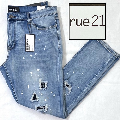 42x34 NWT RUE21 Mens Supreme Flex Skinny Distressed EmbellishedDenim Jeans Pants - Picture 1 of 6