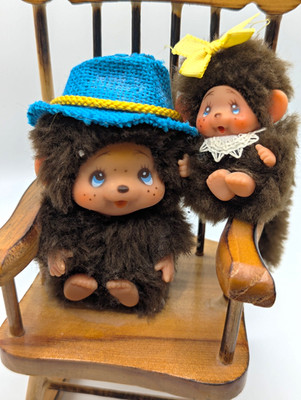 Vintage Sekiguchi Monchhichi Baby Monkeys With Mini Wooden Rocking Chair