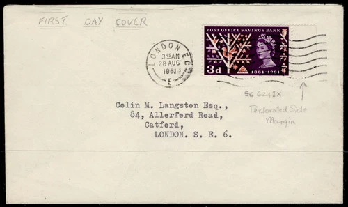 GB QEII SG624Ab, 3d PERF THROUGH SIDE SHEET MARGIN, USED. FDC