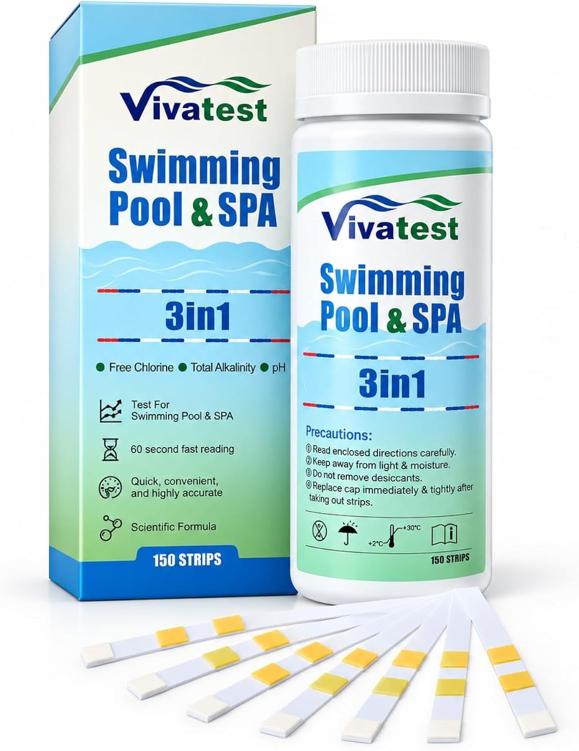 VivaTest 3-in-1 Hot Tub & Pool Test Strips 150 Pack Free Chlorine pH