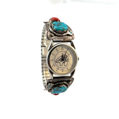 Antique Zuni Signed Effie C Coral & Turquoise Watch Band Bear Gorgeous & Running