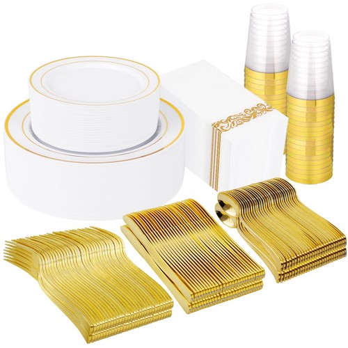 400pcs Gold Plastic Dinnerware Include Gold Plastic Plates,Gold Plastic Silve...