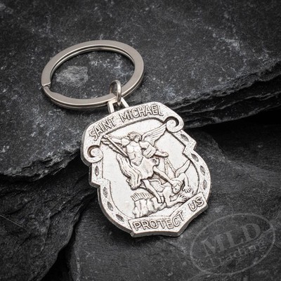 Saint St Michael Protect Us Keychain   Guardian Angel Shield Religious Gift