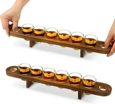 CHENGU 2 Pack Shot Glasses Serving Tray and 2 Count (Pack of 1), brown, clear 
