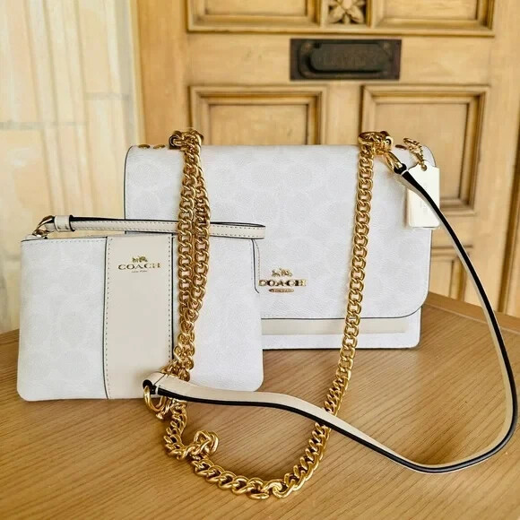 Coach Klare Crossbody Chain Strap Bag Purse+Corner Zip Wristlet Wallet White NWT