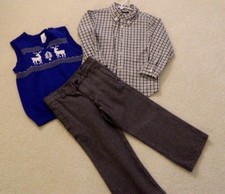 GYMBOREE Holiday Christmas Set Gray Pants Plaid Shirt Blue Vest 4T EUC