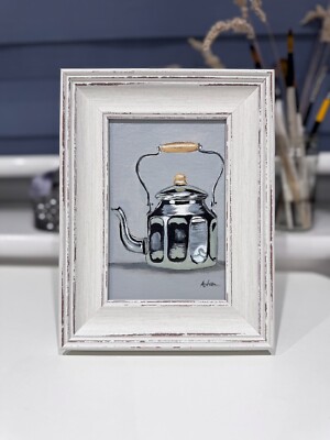 Teekessel Ölgemälde - GERAHMT Realismus Silber Original Stillleben signiert FineArt