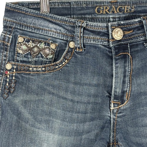 Grace in LA Denim Shorts Embellished Frayed Hem Blue Size 29 Heavy Stitch Y2K - Picture 7 of 7