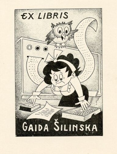 Woman Vintage Computer Owl Caricature Ex libris Bookplate Gunars Berzins, Latvia - 第 1/1 張圖片