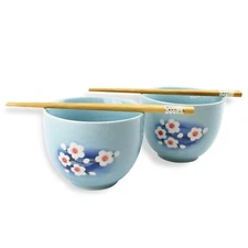 Set of 2 Quality Blue Porcelain  Ramen Bowls w/ Chopsticks Utensils Great Gift