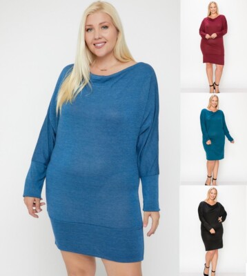 Women Plus Size Draped Neck Long Sleeve Banded Hem Knee Length Dress (1X,2X,3X)
