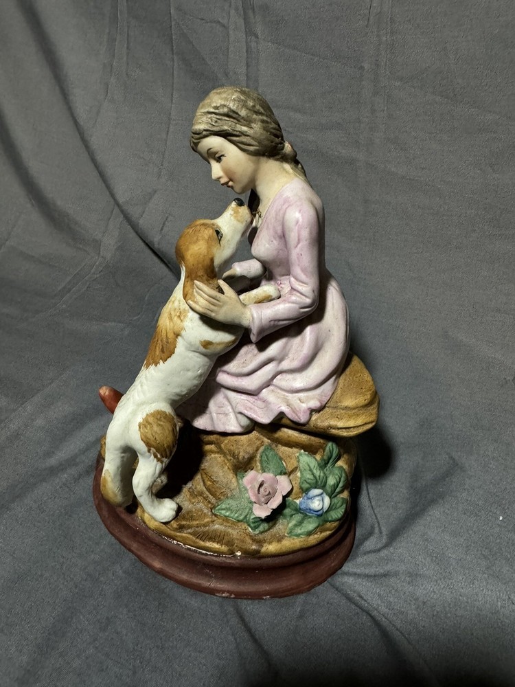 Import Porcelain Figurine Woman Girl Loving Dog Flowers