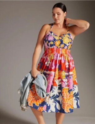 Anthropologie Plus Maeve Midikleid mit Schleife hinten Blumen Taschen UK20 US16 UVP165 