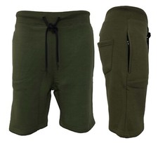 Mens Plain Fleece Shorts Zip Pockets Gym Running Jogging Summer Olive Khaki S-2X
