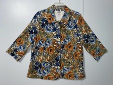 Multicolor Floral Stretch Denim Button Up Jacket Artsy Cool Summer Fall Sz L