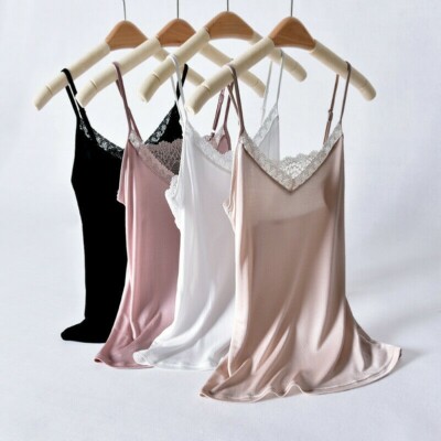 Women Silk Lace Strappy Vest Camisole Tank Tops Sleeveless T-shirt V Neck Cami