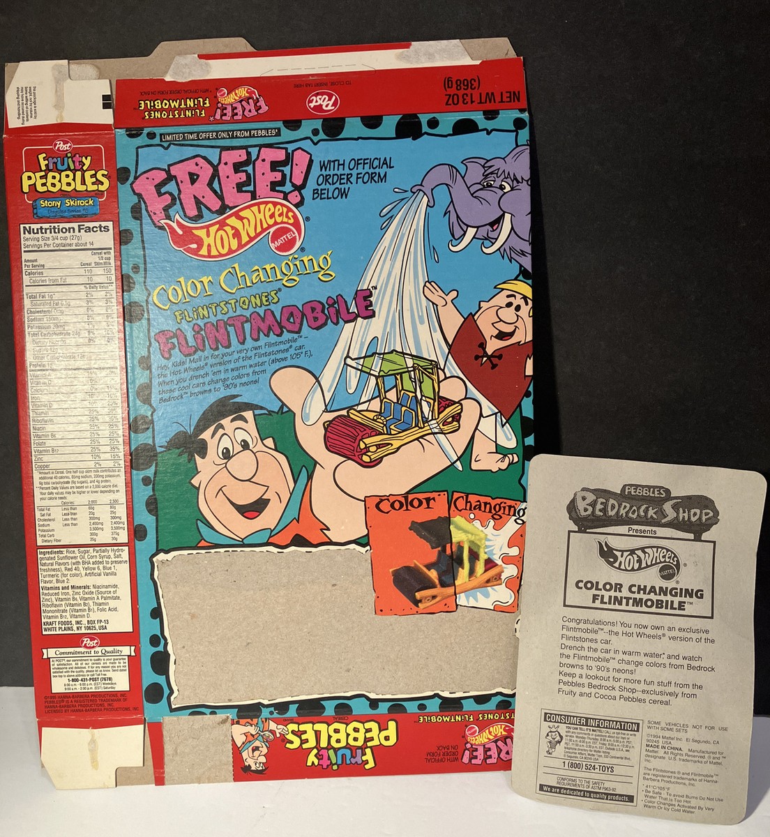 Vintage Post Fruity Pebbles Cereal Box Hot Wheels Flintmobile